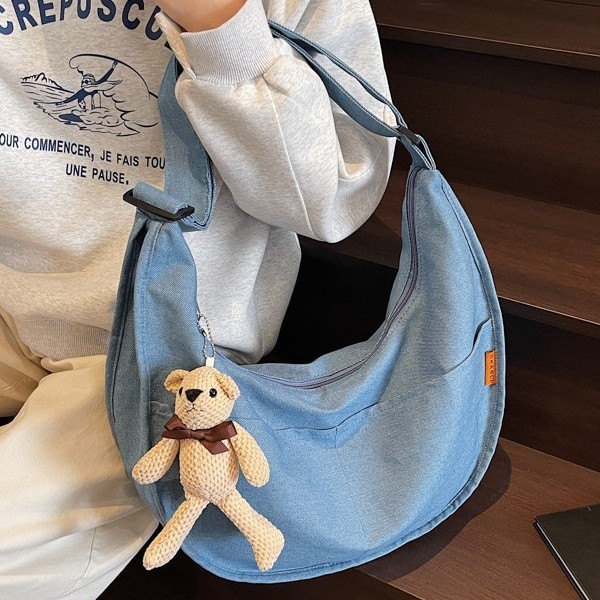 New cute plush bear shoulder bag, cartoon girl tote bag, large-capacity dumpling bag, denim crossbody bag full figure
