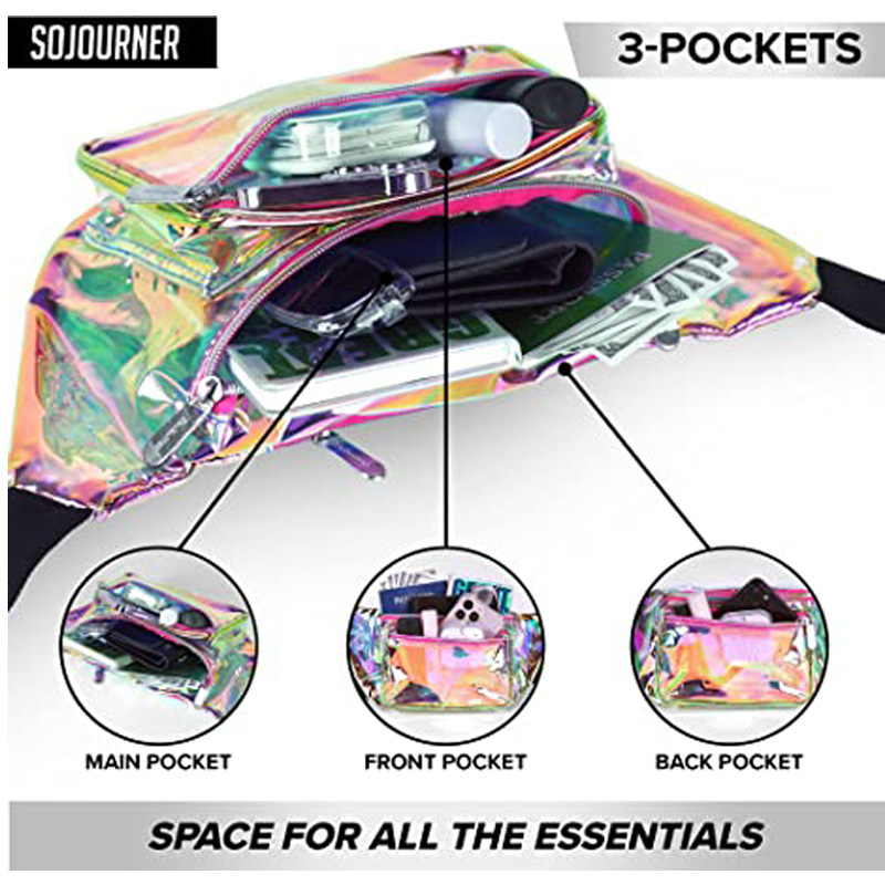 Amazon's in-stock colorful laser PVC sports waist bag, multi-pocket adjustable shoulder strap, outdoor waterproof storage bag Specification drawing