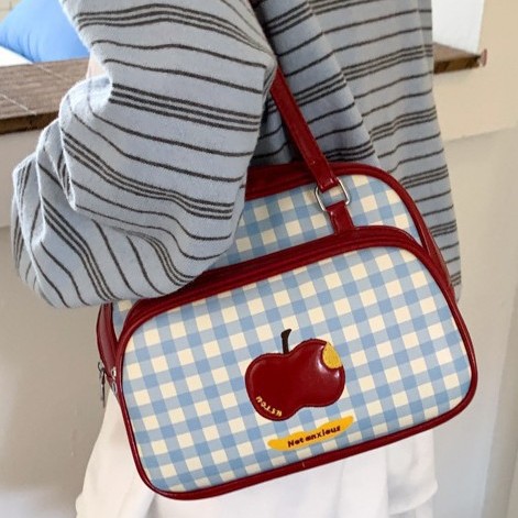Niche makeup bag, large-capacity hand-held women's bag, fresh blue checkered single-shoulder bag, travel multi-functional and cute backpack full figure