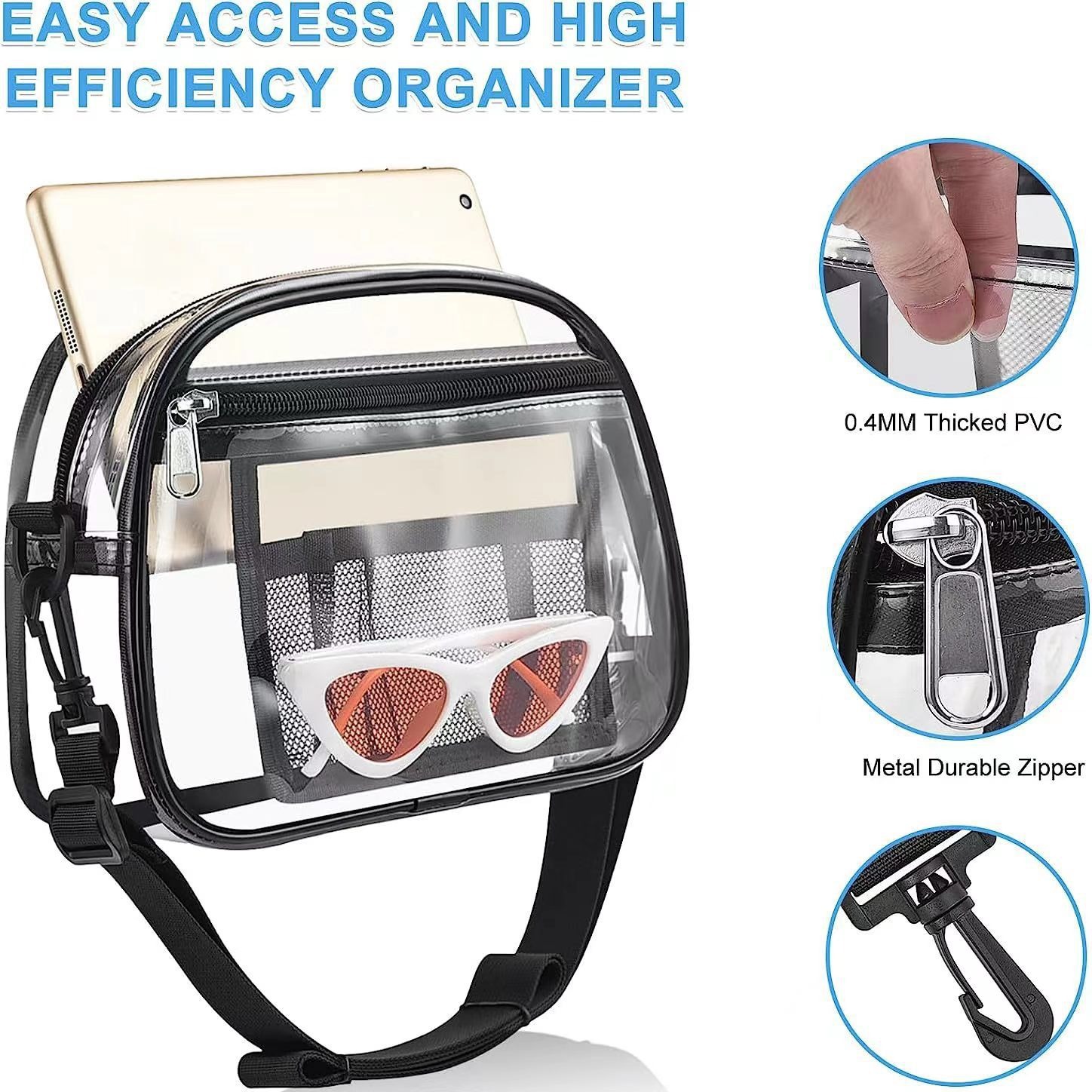 Detachable shoulder strap outdoor sports waterproof hand-held storage bag, transparent PVC crossbody bag, multi-functional, fashionable and simple Specification drawing