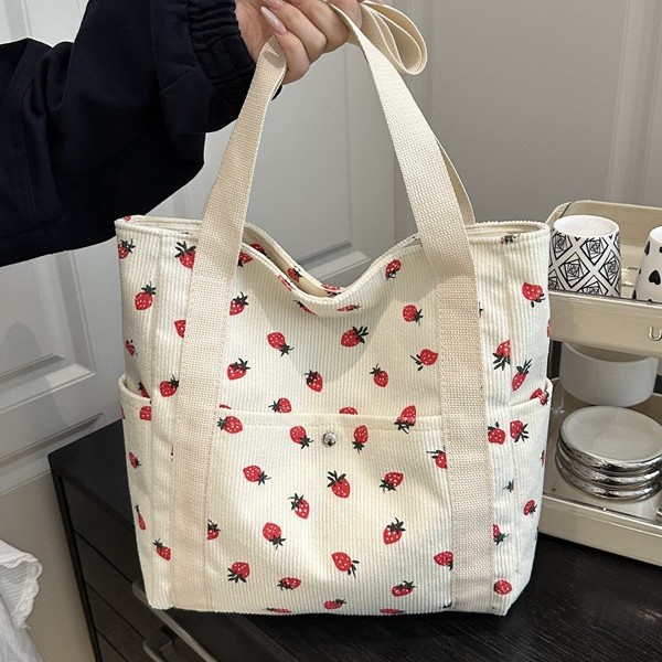 Laid-back style large-capacity corduroy strawberry bag, women's Instagram Korean version Harajuku single-shoulder bag, student tote bag for class full figure