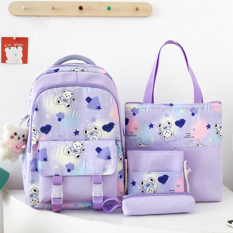 New cross-border cute girls' schoolbag, dreamy and colorful, versatile backpack set for primary and junior high school, four-piece cartoon backpack full figure