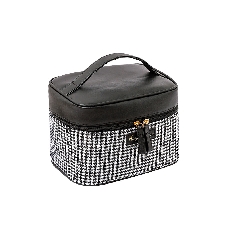 Multi-functional PU thousand-bird grid hand-held makeup bag, hand-held makeup box, large-capacity storage bag, cosmetics storage box Item Picture