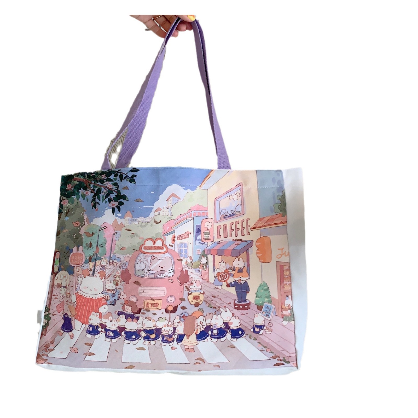 3852 Lady Canvas bag, large capacity, cute cartoon print, versatile shoulder bag, casual bag, simple tote bag Item Picture