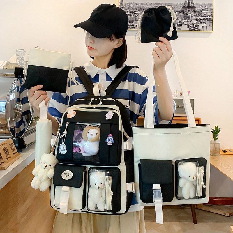 Wholesale of new nylon five-piece set schoolbags for primary school girls, which are lightweight, lightweight, wear-resistant and have a large capacity for junior high school students Specification drawing