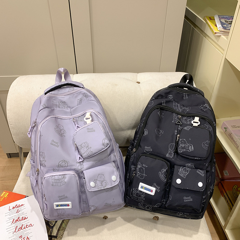 The new style of schoolbag for girls is cute and has a large capacity. It features a cartoon print backpack with multiple pockets, a coin purse and a practical backpack Application Scenario