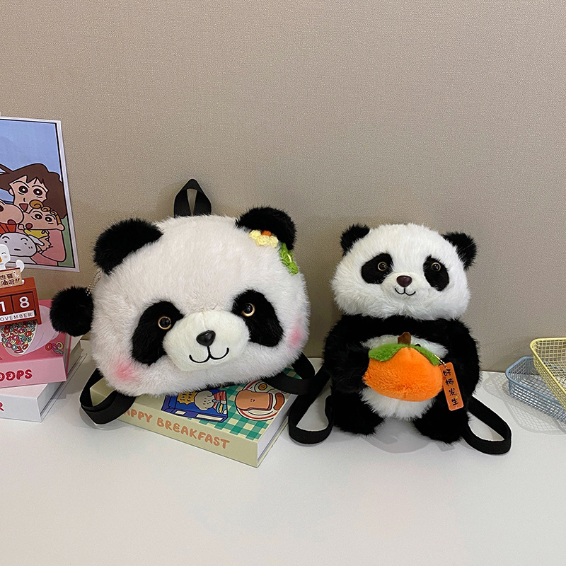 Cute panda doll crossbody bag, new persimmon panda plush doll backpack, versatile children's doll backpack full figure