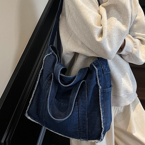 Spring 2025 new vintage denim bag, large-capacity cross-border women's single-shoulder hand-carry commuter bag, Tote ladies' bag full figure