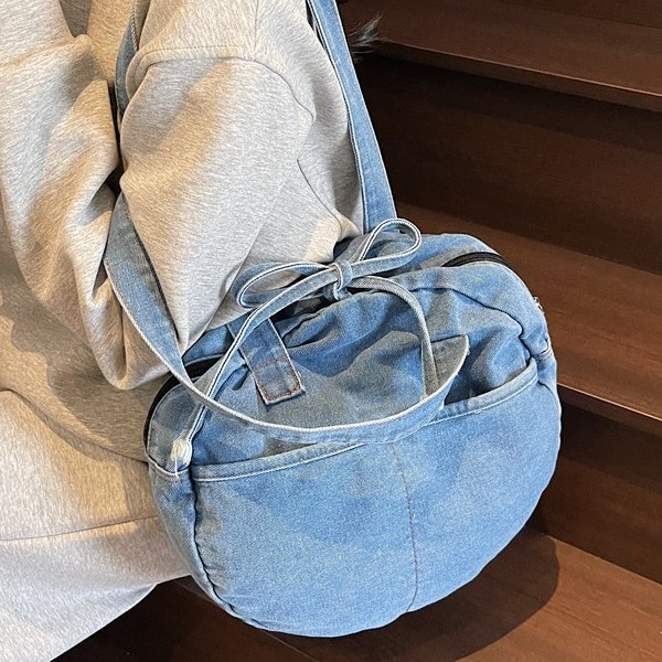 New washed denim single-shoulder bag for casual outings, large capacity, fresh small round bag, lace-up handbag, women's bag details Picture