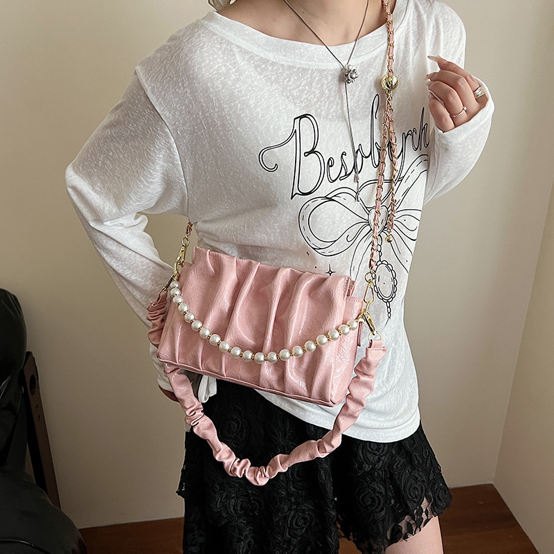 Pearl chain underarm bag, Korean style fashionable pleated single-shoulder bag, 2025 summer new style simple and high-end crossbody bag Specification drawing