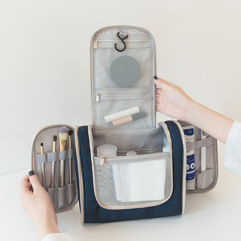 Hand-held thickened polyester double-opening toiletries and makeup bag with high appearance level, portable large-capacity travel hook storage bag details Picture