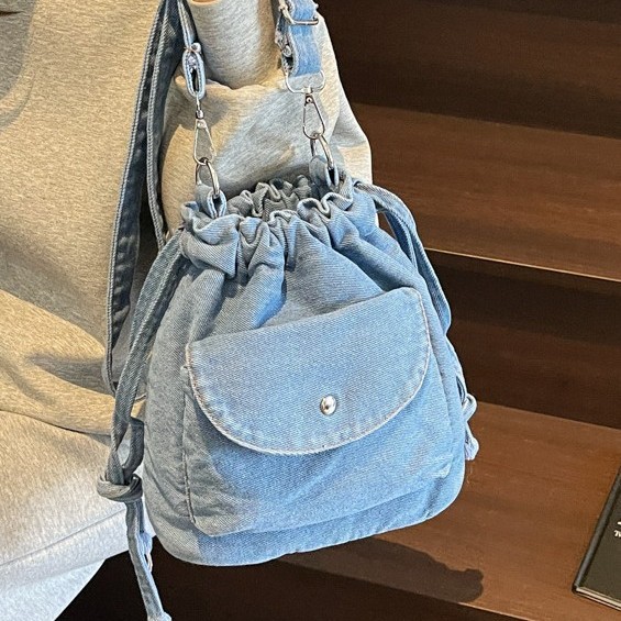 Korean denim bucket bag for women 2025 new style casual summer single-shoulder bag with large capacity, drawstring opening and simple crossbody bag Specification drawing