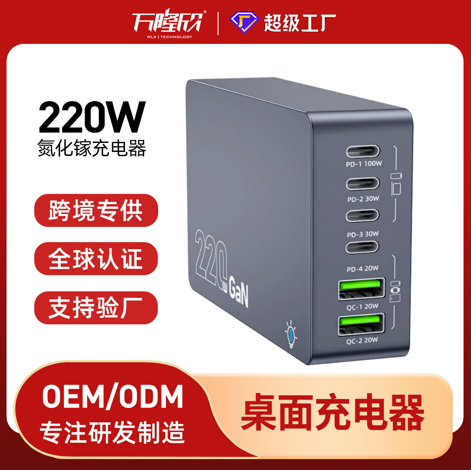 Cross-border gallium nitride charger 220W high-power notebook, tablet, mobile phone fast charging, 3C digital multi-port charger full figure