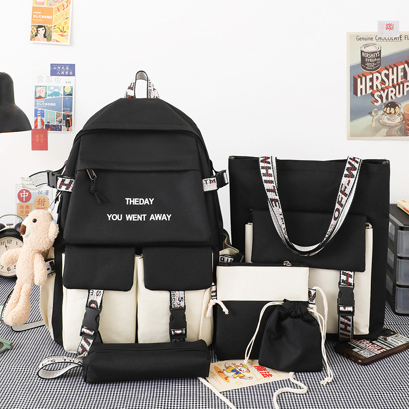 New nylon schoolbag five-piece set, fashionable Korean-style backpack, junior high school backpack, college student backpack, girls wholesale full figure