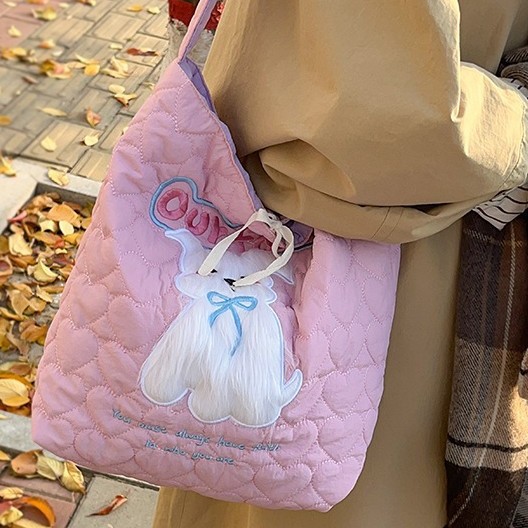 Cute plush puppy single-shoulder bag for girls, autumn and winter color-blocking nylon fabric bag, large-capacity crossbody bag, student class bag full figure
