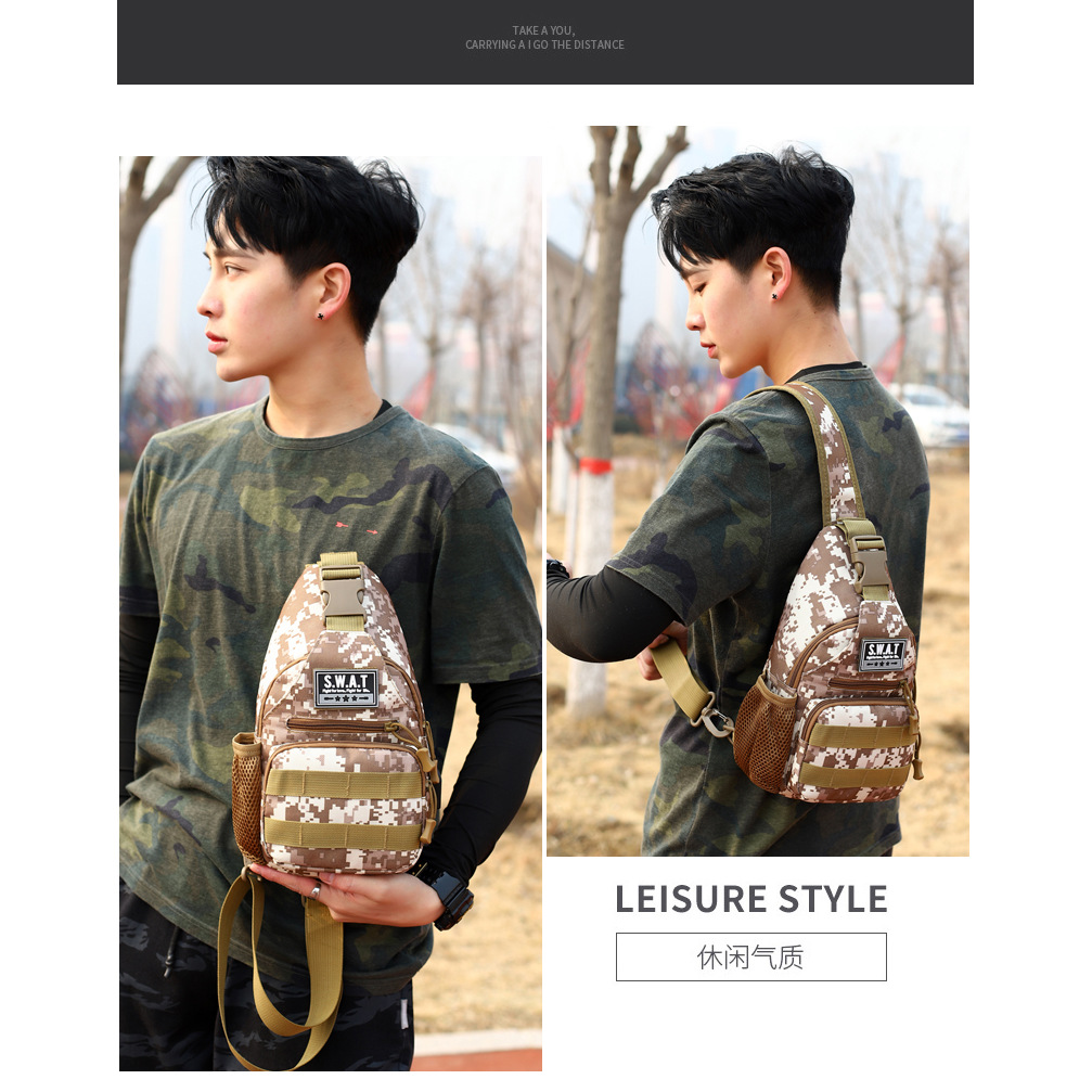 Tactical camouflage chest bag, charging case, waterproof and wear-resistant crossbody bag, multi-functional slingshot bag wholesale, casual and versatile Application Scenario
