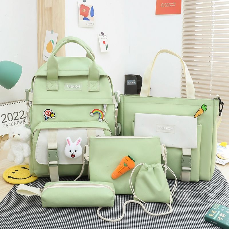 Five-piece schoolbag set for girls in Korean color contrast Harajuku, large-capacity hand-held backpack, lightweight for primary school students' shoulders, cross-border wholesale Application Scenario