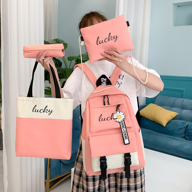 Wholesale of four-piece sets for junior and senior high school students, including new Korean version backpacks for girls with contrasting letters and colors details Picture