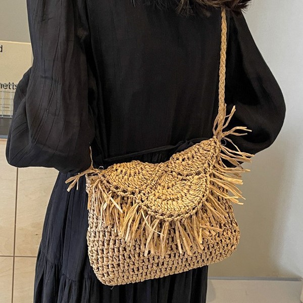 Cross-border Korean-style fringed straw woven bag, fashionable hook flower large flip cover hand-woven bag, casual women's bag, beach bag for women Specification drawing