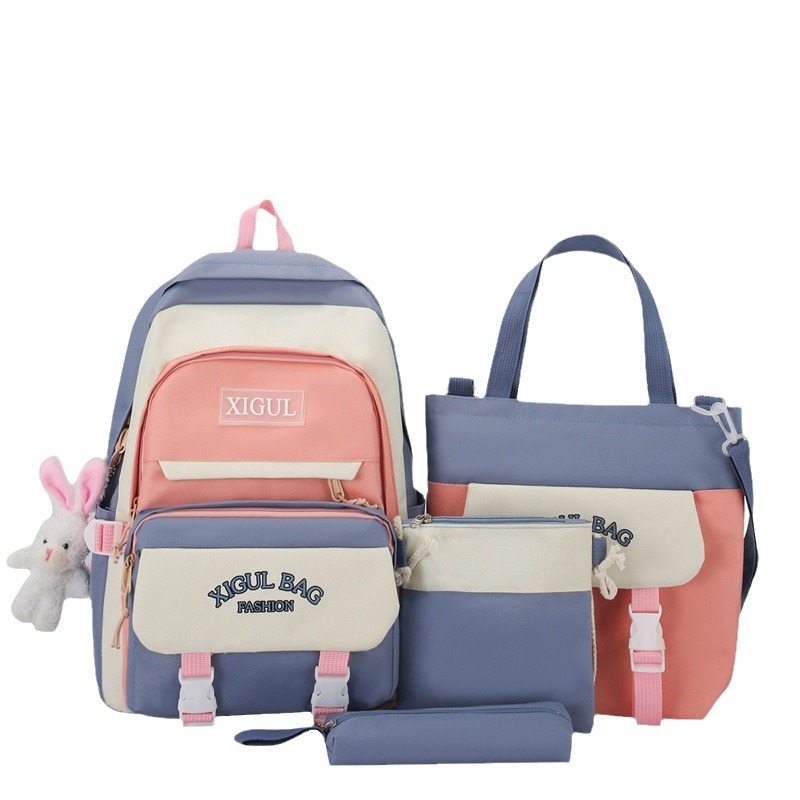 A large-capacity schoolbag for junior and senior high school students, a fashionable color-blocking Korean-style backpack with high appearance standards, a four-piece set of girls' tutorial bags Item Picture