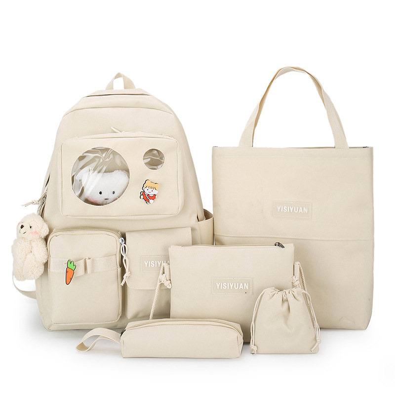 New Korean version cute bear doll for girls, middle school schoolbag, campus five-piece set, junior high school backpack Item Picture