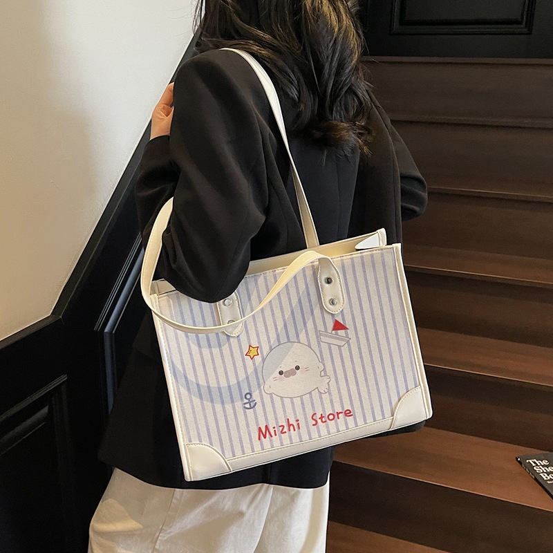 Fashionable and trendy cartoon pattern hand-held underarm bag for women 2025 new style fabric striped versatile large-capacity single-shoulder bag details Picture