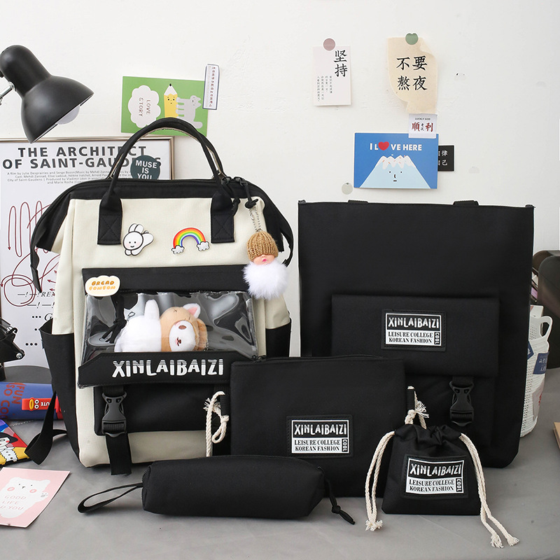ins style Harajuku girl backpack, fresh school style backpack, five-piece school bag for primary and junior high school students full figure