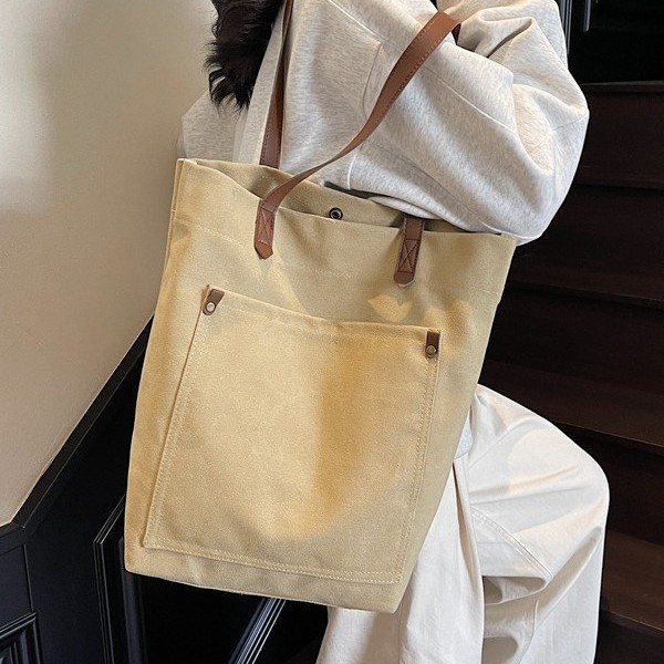 A large-capacity hand-held tote bag for men on the street in Harajuku, with a simple solid color and vintage feel, and a washable canvas single-shoulder bag for women Specification drawing