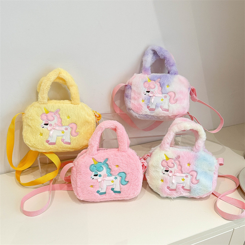 New cartoon unicorn fleece single-shoulder handbag, cute square plush doll bag for kindergarten boys and girls full figure