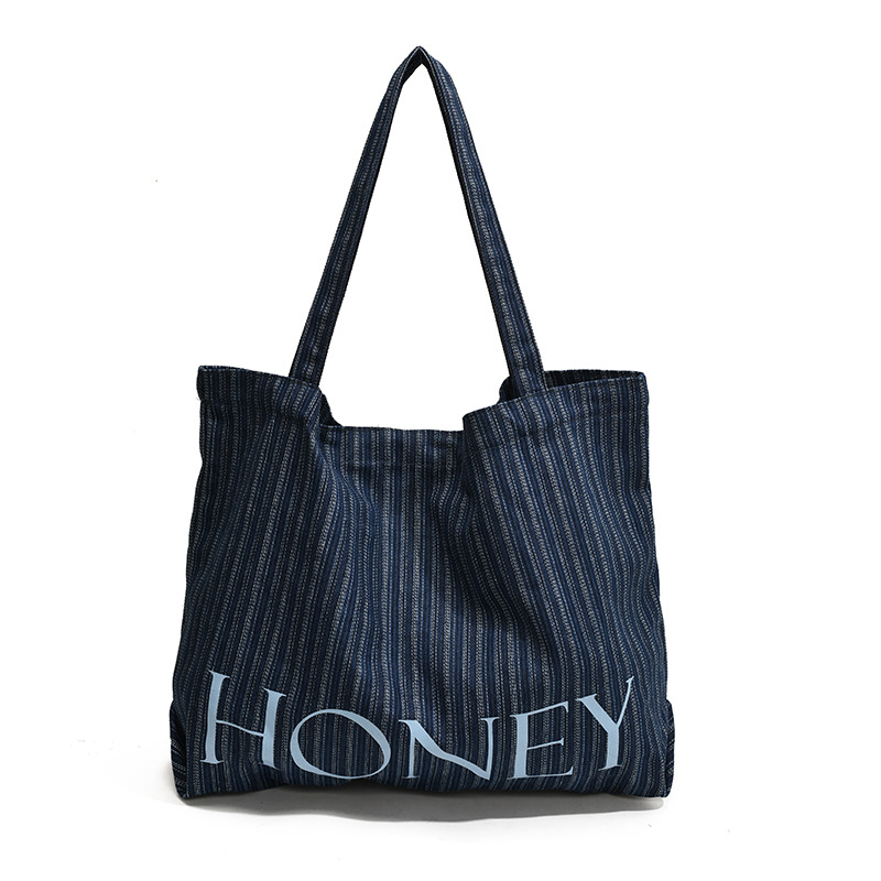 Korean-style fashionable casual letter bag, large-capacity single-shoulder crossbody bag, denim striped canvas bag, versatile commuting bag for women Item Picture