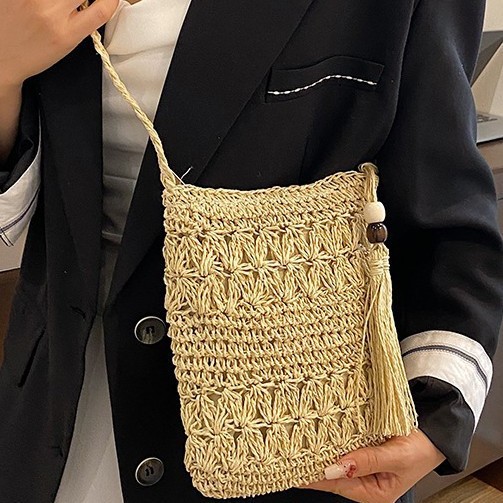 Fashionable and retro straw-woven women's bag, summer woven single-shoulder bag, versatile travel, vacation, beach and casual crossbody bag Specification drawing