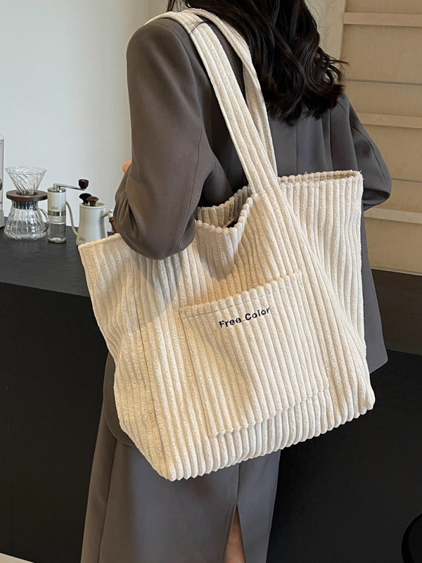 Retro corduroy single-shoulder bag for women, versatile and casual, corduroy hand-held large-capacity tote bag, fashionable commuting and school bag details Picture
