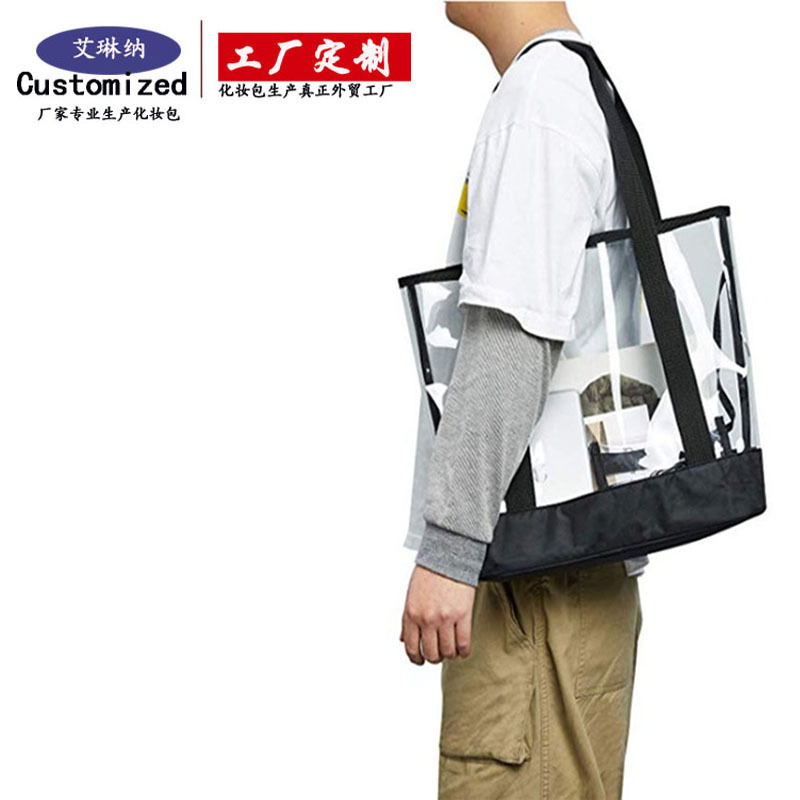 Customized cross-border Amazon single-shoulder hand-carry supermarket shopping bags, popular large-capacity waterproof transparent shopping bags details Picture