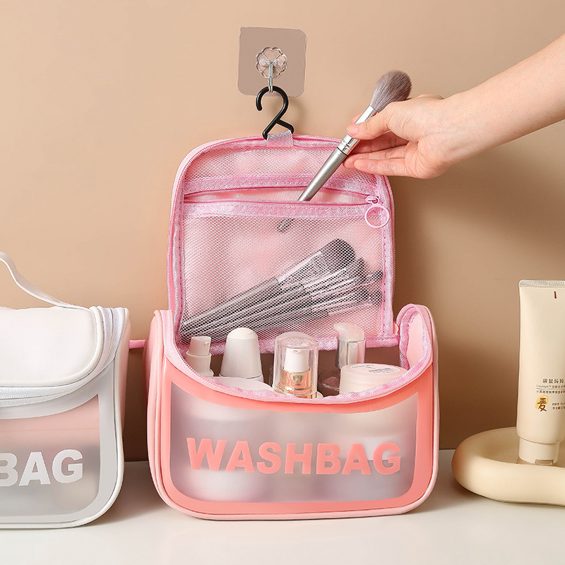 PVC matte transparent waterproof hook toiletry bag, travel portable hook flip cover large-capacity cosmetics storage bag details Picture