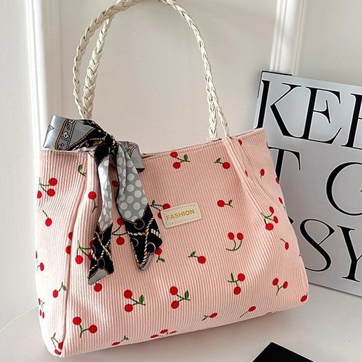 The new single-shoulder bag, tote bag, stylish printed floral corduroy hand-held women's bag, student shopping bag, bag for women Specification drawing