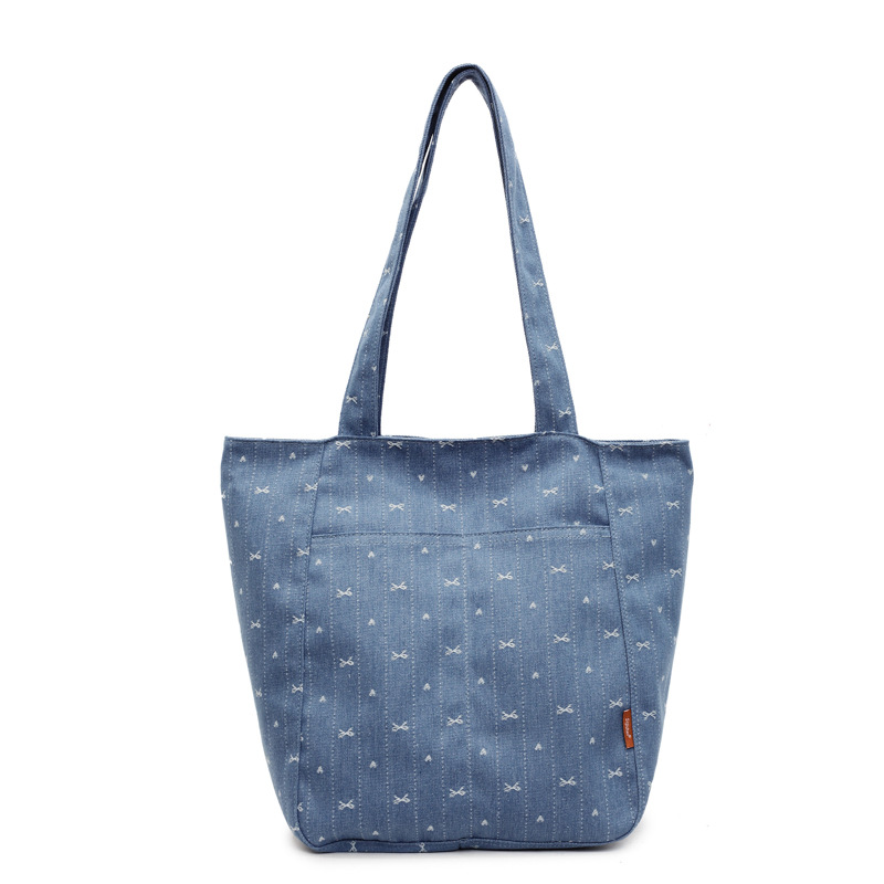 Fresh embroidered bow tote bag, fashionable girl's hand-held vest bag, large-capacity shopping bag, denim single-shoulder bag Item Picture