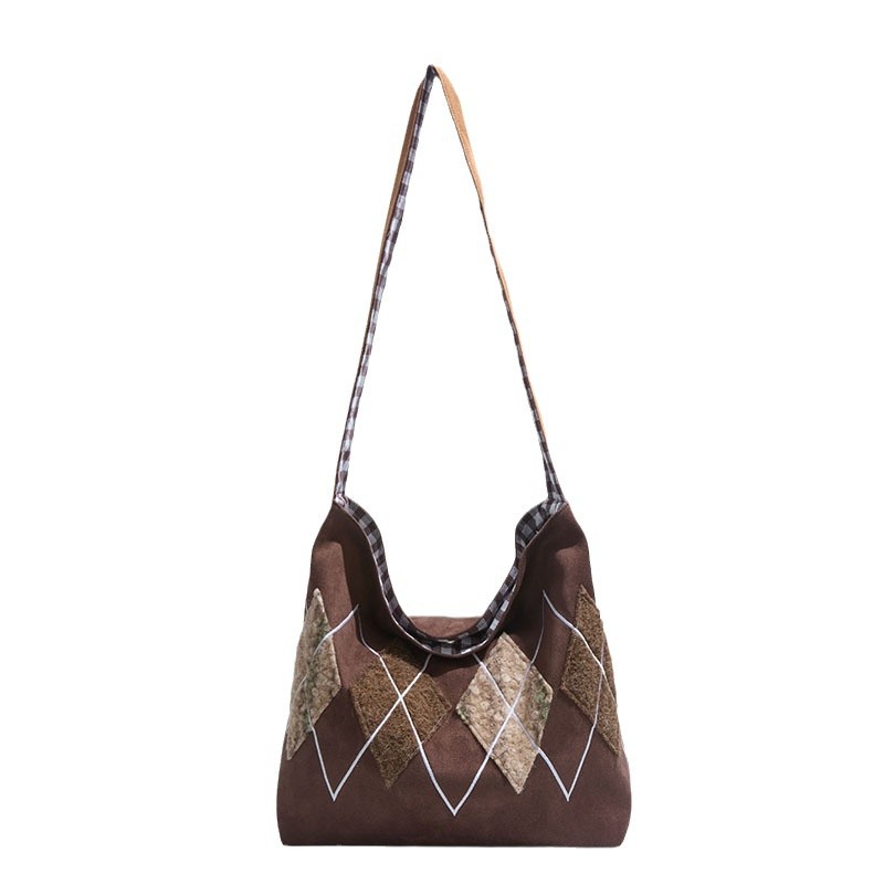 A retro diamond-shaped large-capacity tote bag for women's 2024 autumn and winter, a new single-shoulder canvas bag for commuting to school Item Picture