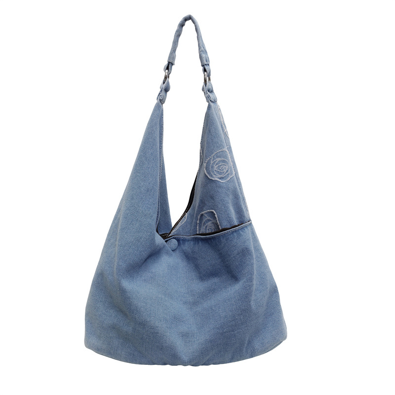 Rose patchwork denim canvas bag for women, 2024 new large-capacity tote bag for commuting to school, casual underarm bag Item Picture