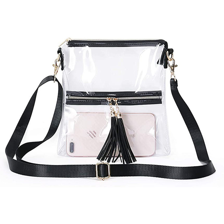 Cross-border PVC fringed small transparent crossbody bag with stadium approved front zipper pocket and adjustable shoulder strap in stock full figure