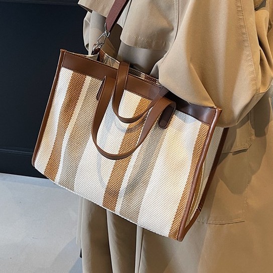 Canvas bag, women's large-capacity 2024 new color-blocking single-shoulder bag, fabric bag, college student class bag, commuter tote bag Specification drawing