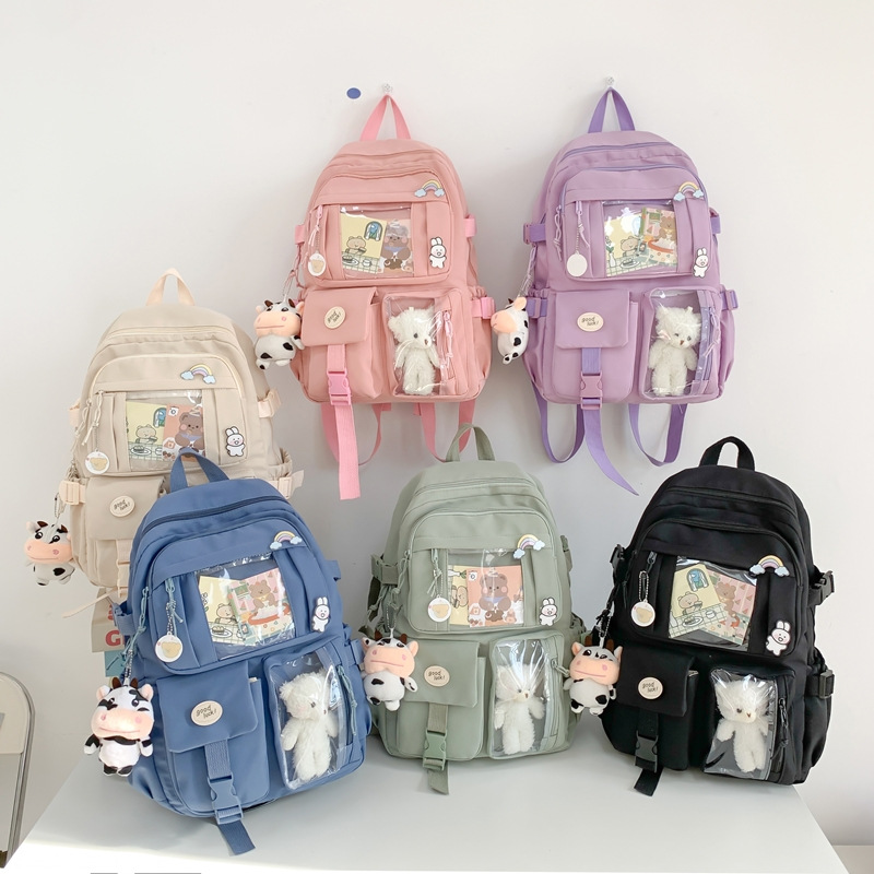 Retro canvas solid-color, fresh and light backpack, casual student schoolbag, female junior high school student, large-capacity college student backpack full figure