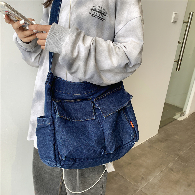 Order denim canvas bags, Korean-style artistic single-shoulder bags, Japanese-style Harajuku retro laid-back women's large-capacity crossbody bags details Picture