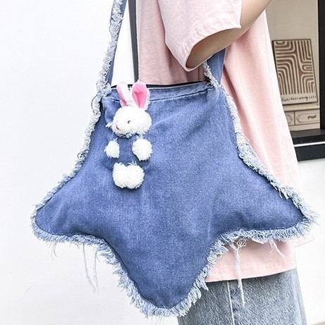 The new denim bear large-capacity women's single-shoulder bag is simple and versatile, a cross-border simple commuting tote bag and a crossbody bag full figure