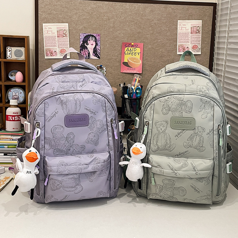 A new Japanese-style cute printed bear backpack for junior high school girls, a cute travel backpack for young girls full figure