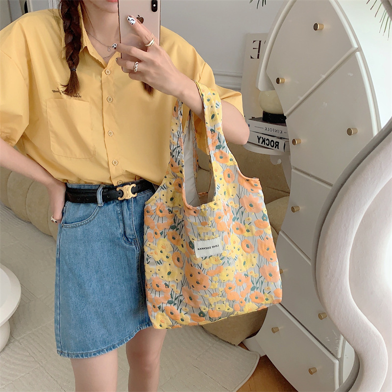 37262 large-capacity canvas bag for women, cute flowers, single-shoulder hand-held bag for college students' classes, shopping vest bag Specification drawing