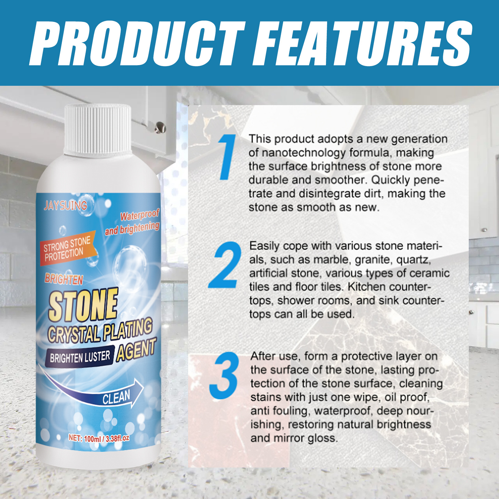 Youdaoplaceholder0 stone crystal coating agent, stain brightener, kitchen quartz stone tile countertop scratch repair and cleaning details Picture