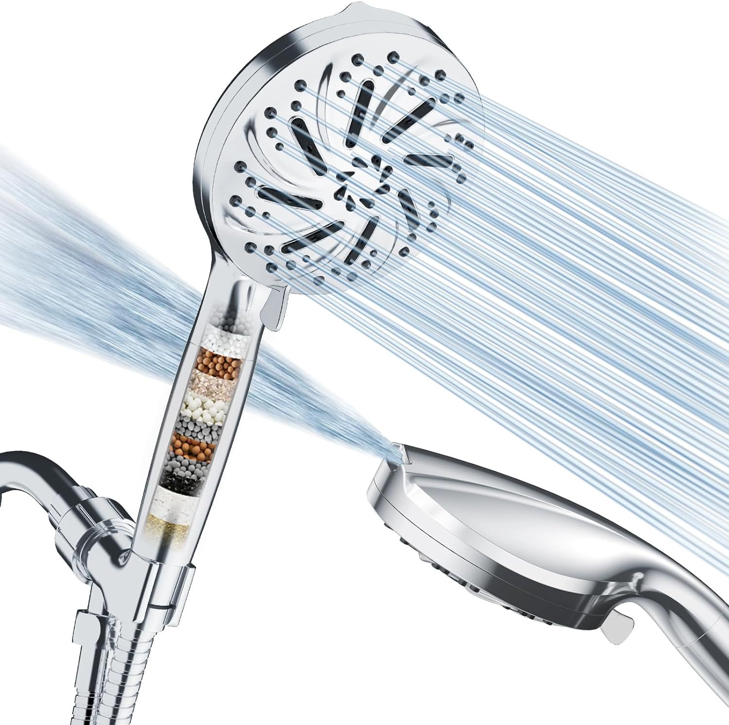 Amazon 8+2 function handheld showerhead with filter, detachable handle, back spray gun water, wholesale export showerhead full figure
