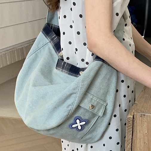 Designed denim canvas bag, Japanese-style simple and retro washed semi-round dumpling bag, female artistic fabric small bag, crossbody bag full figure