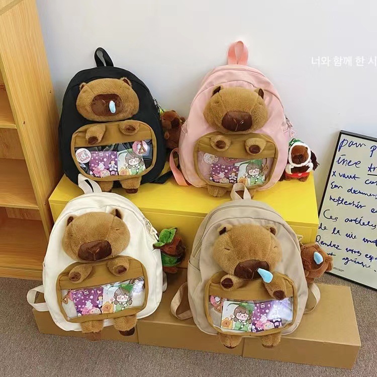 Cartoon children's Capibara plush backpack, large capacity cute schoolbag for girls, Capybara versatile casual backpack full figure