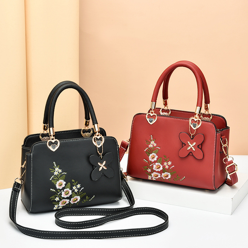 Women's handbag, soft leather bag, 2022 new trendy embroidery, mom's crossbody bag, fashionable and elegant, grandma's single-shoulder bag Specification drawing